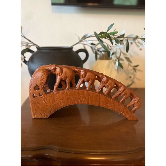 Hand carved Wood Elephant Train Bridge Made in Thailand 5 Elephants - Picture 4 of 13